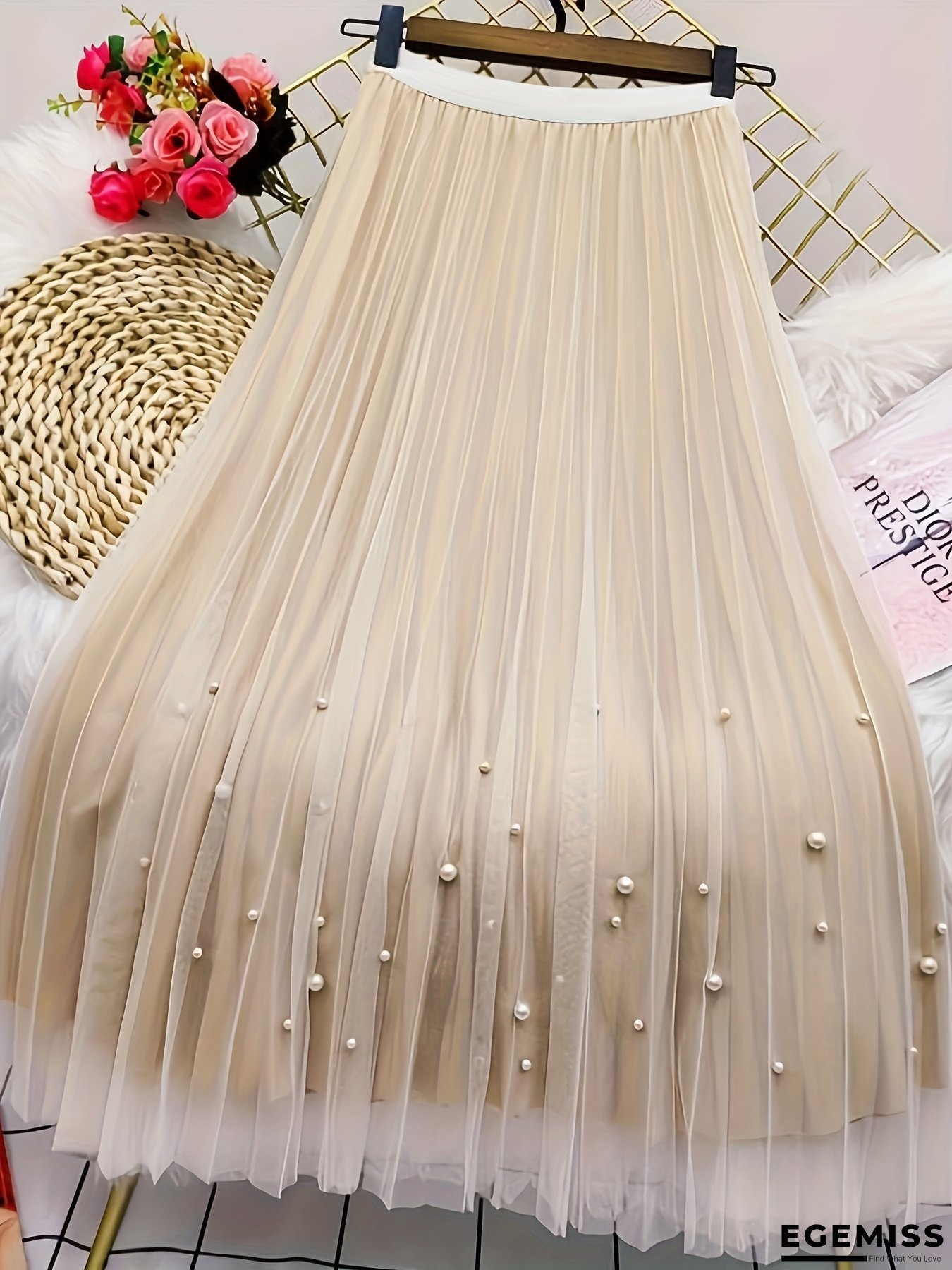 Women&lsquo;s Elegant Beige Maxi Skirt - Flowy Formal & Casual Long Dresses with Flared Hem, Loose Fit for Parties, Office, Everyday - Spring/Fall/Summer Outfits, Cute Skirts, Party Attire, Flowy Fabric, Long Skirt For Women, Skirt For Women | EGEMISS