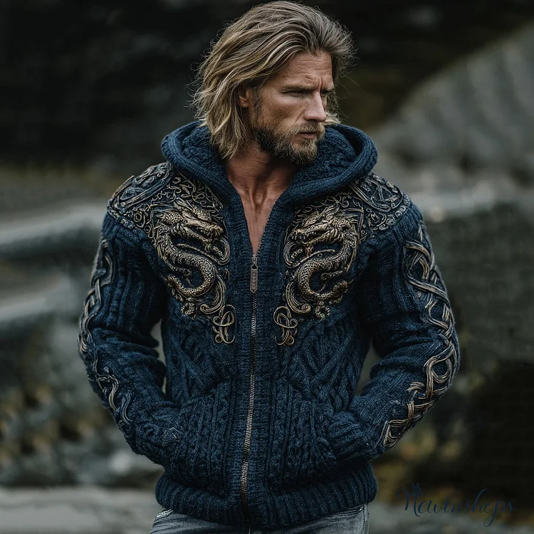 Men's Vintage Viking Dragon Embroidery Knitted Cozy Zipper Up Hooded Cardigan
