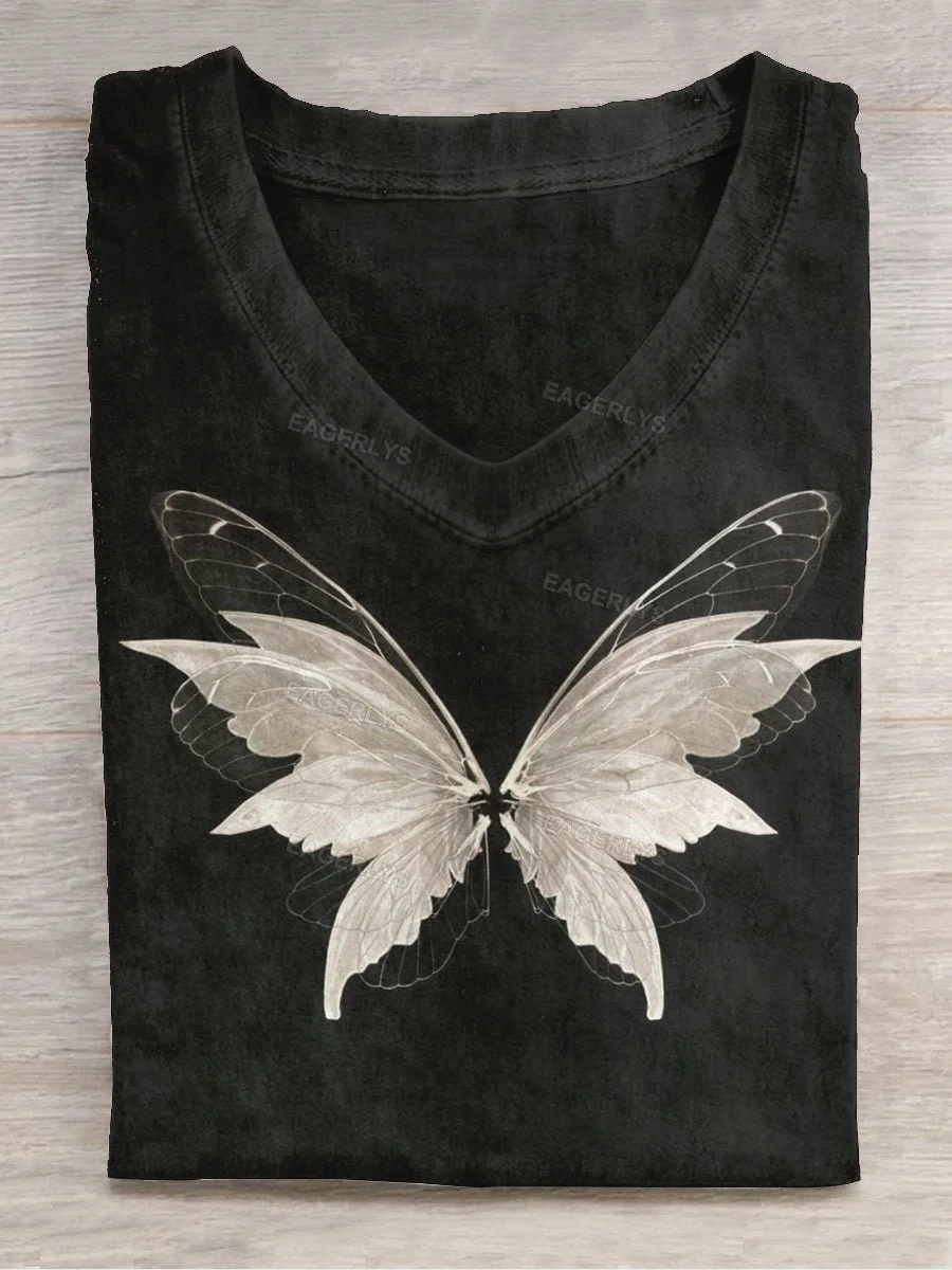 Eagerlys Unisex Butterfly Art Print V-Neck Short Sleeve T-Shirt Eagerlys