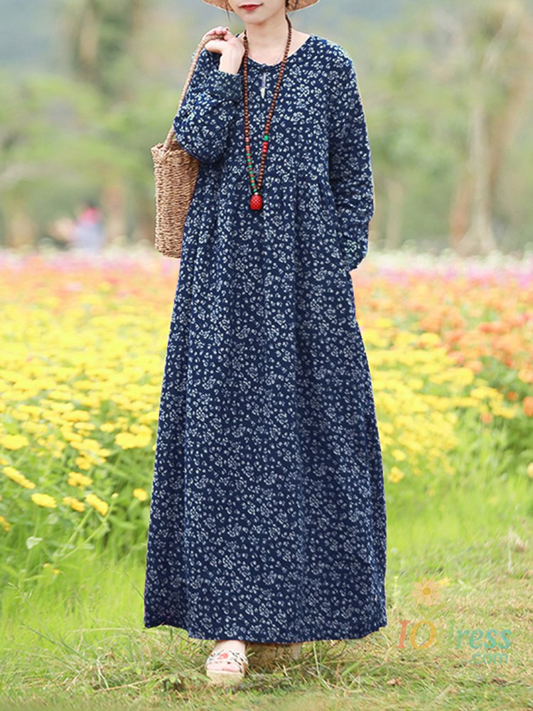 IO Dress Vintage Floral Dress Woman 2025 choice Autumn Bohemian Long Dresses Casual Long Sleeve Maxi Vestidos Loose Robe Femme Oversize