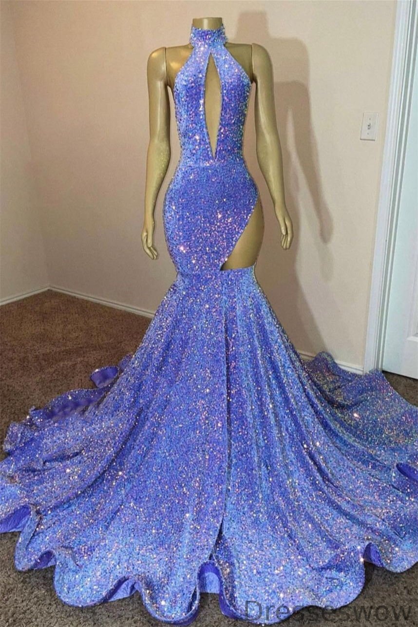 Dresseswow Light Blue High Neck Sleeveless Mermaid Evening Gowns With Split Sequins