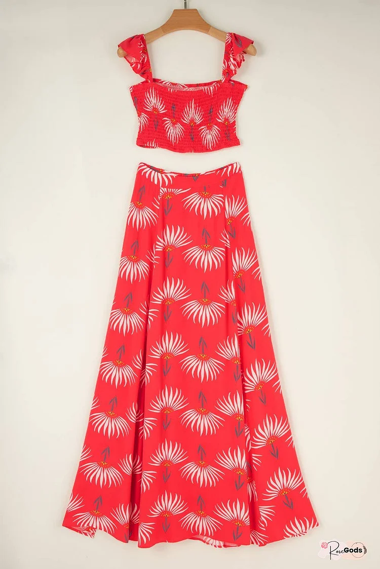 Floral Shirred Crop Top and Slit Maxi Skirt Set