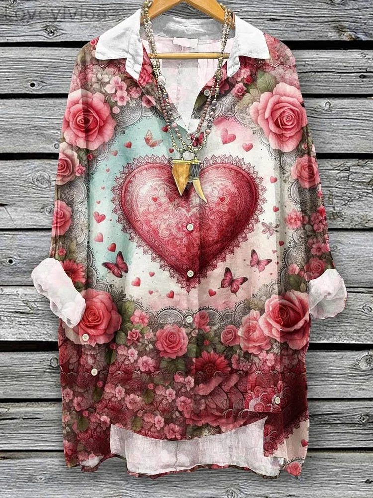 Women's Vintage Butterfly Flower Art Print Casual Cotton And Linen Shirt