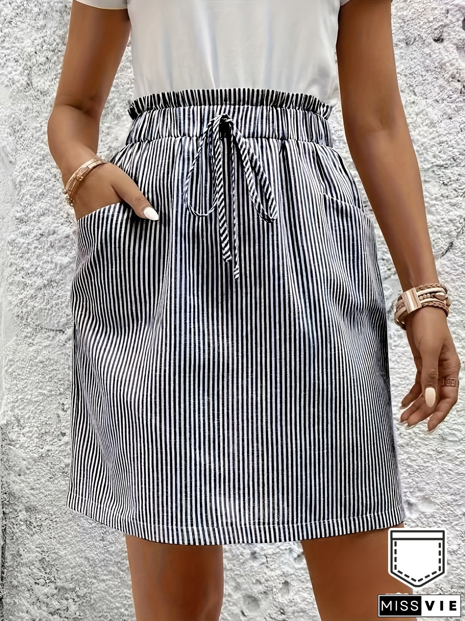 [Striped A-Line Skirt] Black & White Striped A-Line Midi Skirt for Women | Elegant High-Waisted, Elastic Waist with Drawstring, Side Pockets, Glossy Texture, Perfect for Spring/Summer/Fall