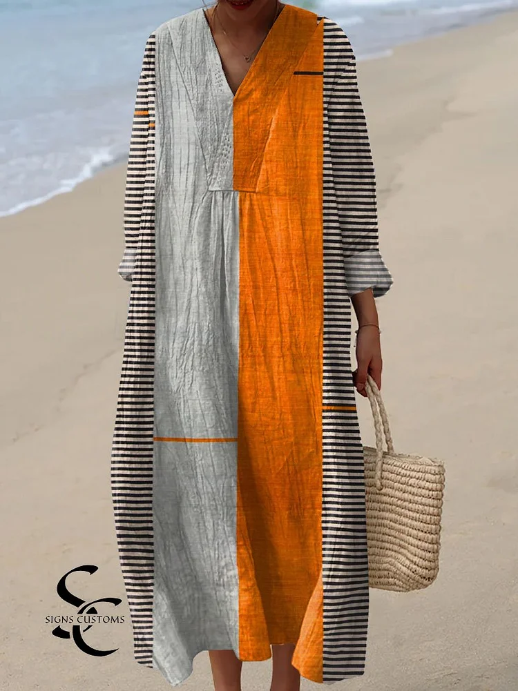 Boho Style Vintage Dress with Geometric Art Print