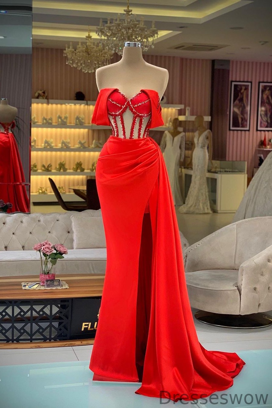 Dresseswow Red Sweetheart Off-the-Shoulder Sleeveless Mermaid Formal Dresses With Split Ruffles
