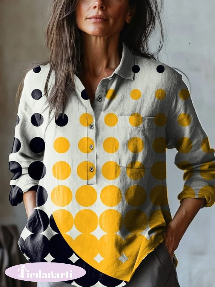 Contemporary Geometric Pattern Printed Women's Casual Cotton And Linen Shirt