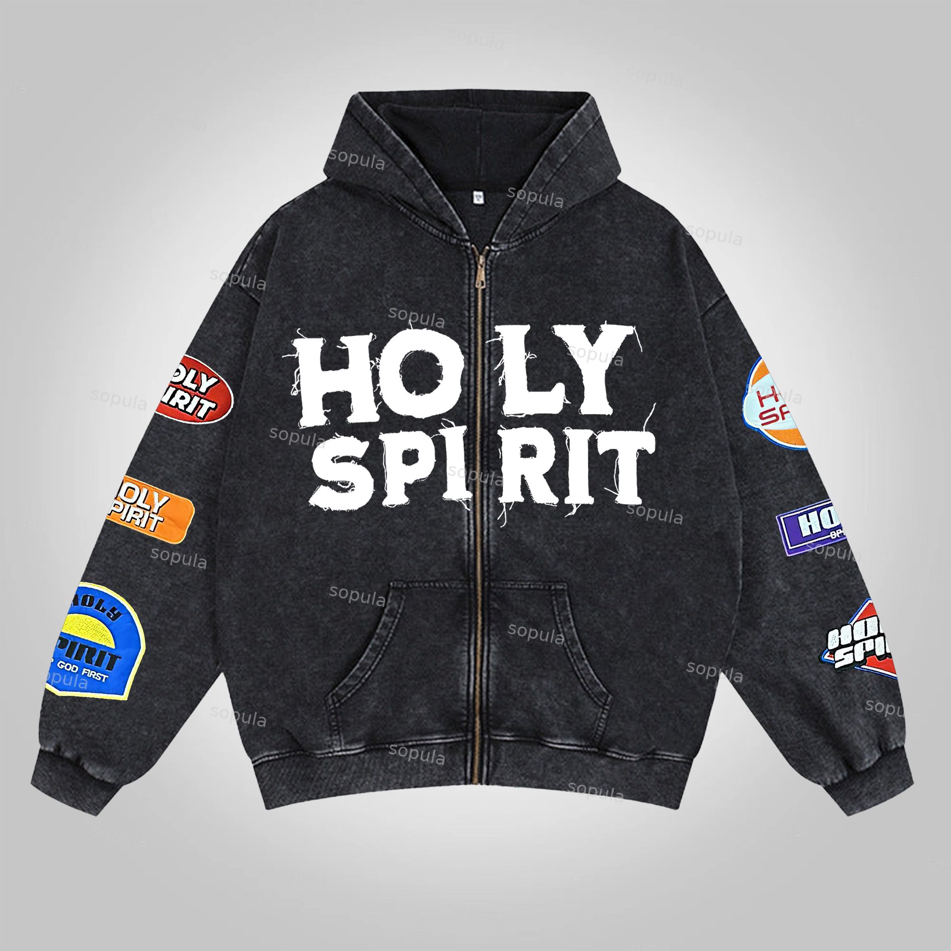 Sopula Vintage Holy Spirit Graphic Washed Zip-Up Hoodie