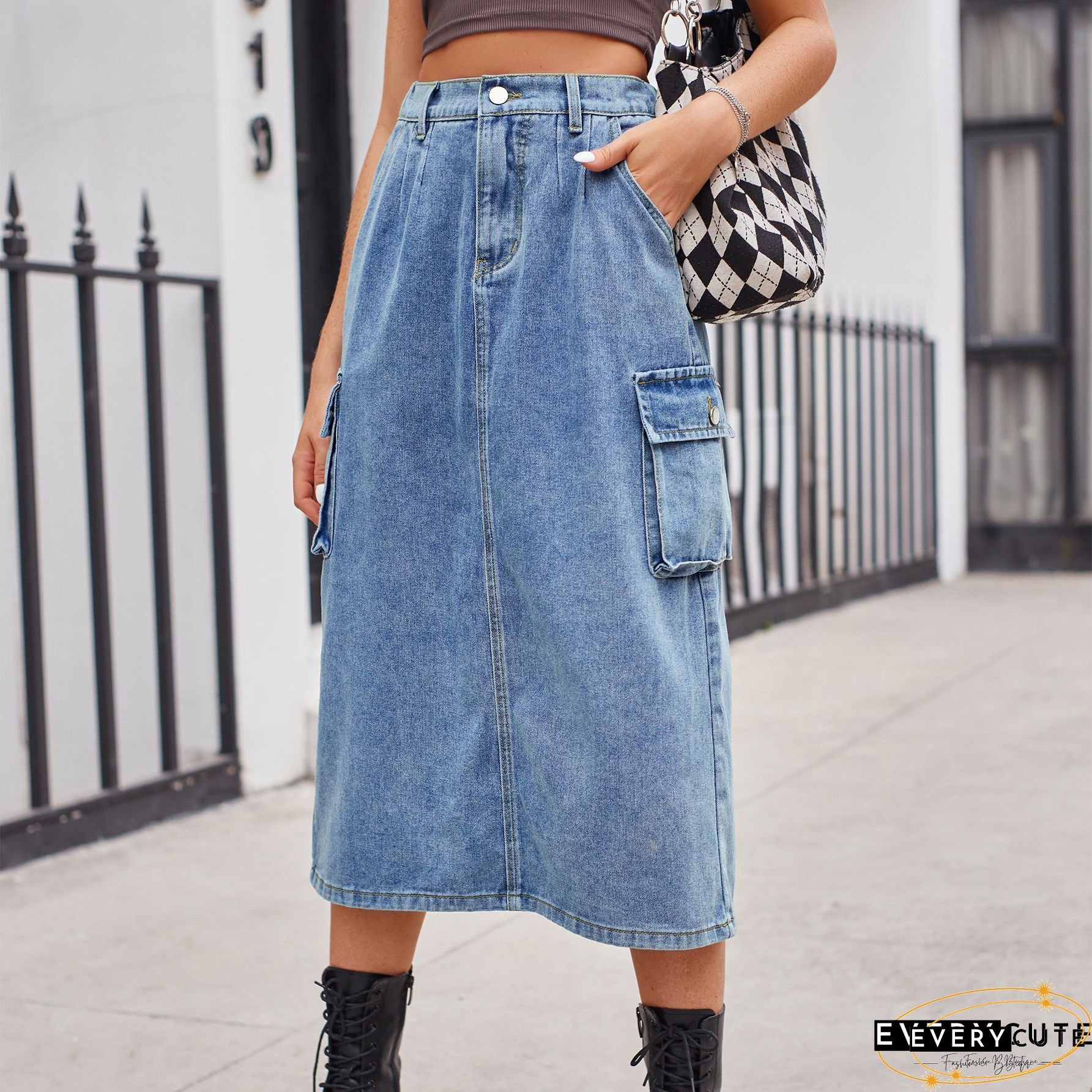 Women's Denim Skirt Button Down Front High Waist Pockets Midi Jean Skirts
