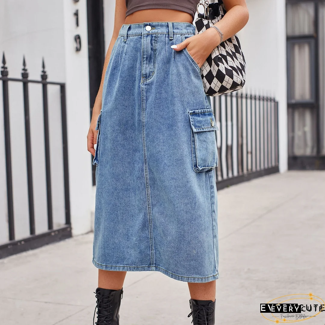 Women's Denim Skirt Button Down Front High Waist Pockets Midi Jean Skirts
