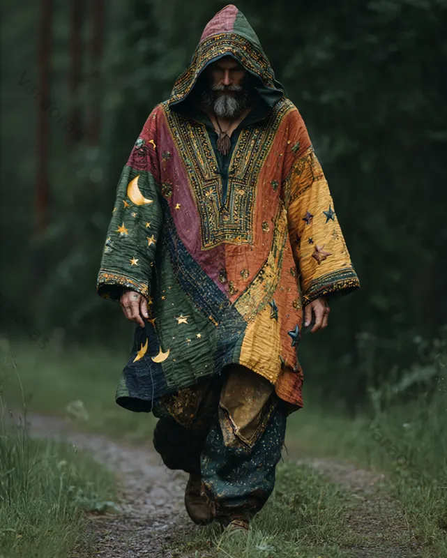 Men's summer vacation star and moon 3D embroidery casual linen rainbow stitching hooded kaftan 2d6b