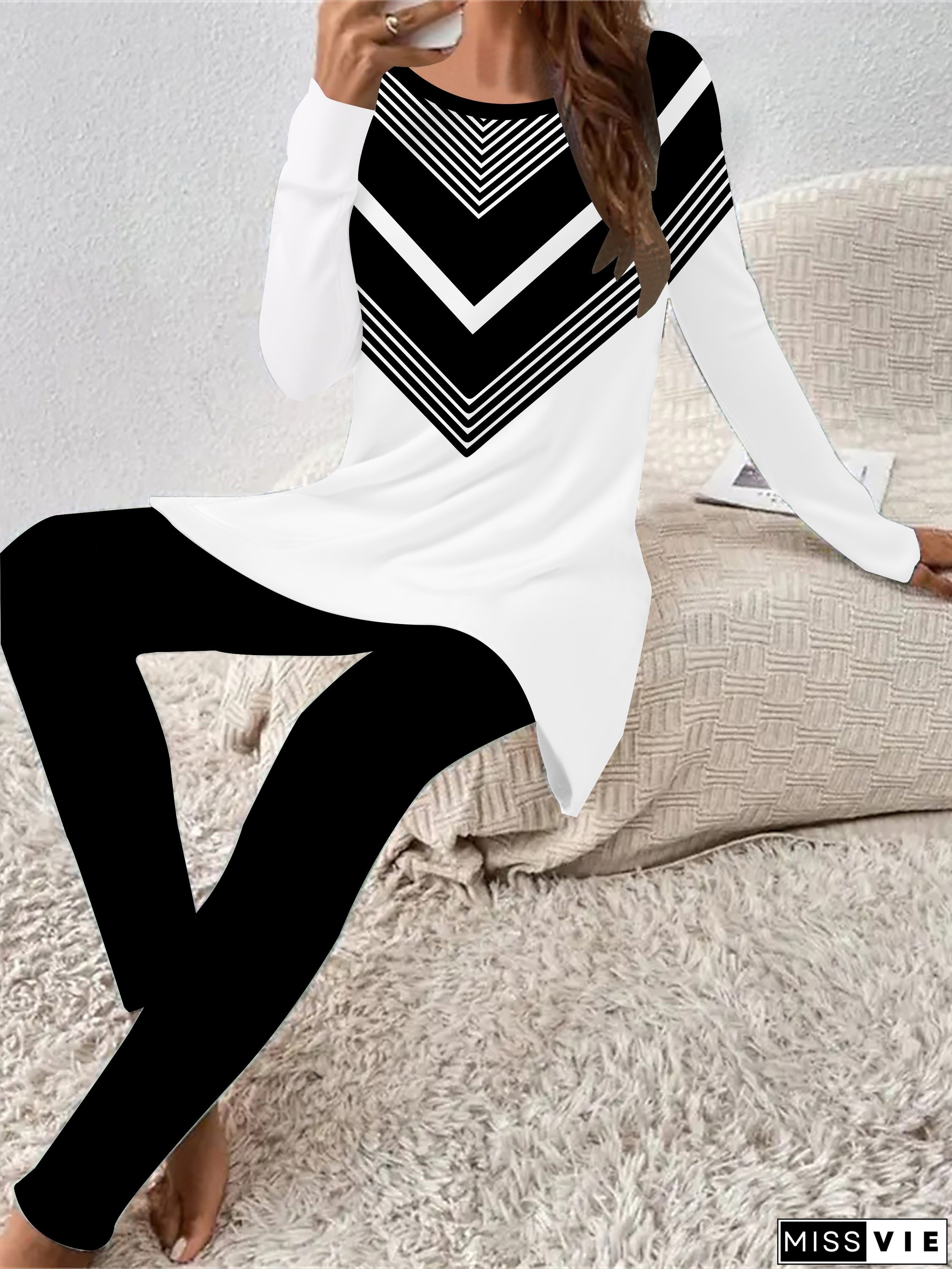 Plus Size, Plus Size Women's 3d Printed Round Neck Long Sleeve Pants Set