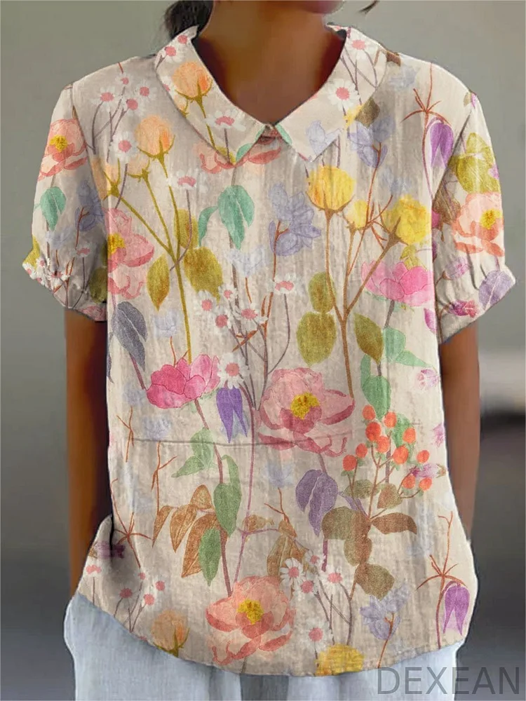 Women's Vintage Flower Print Casual Cotton And Linen Shirt