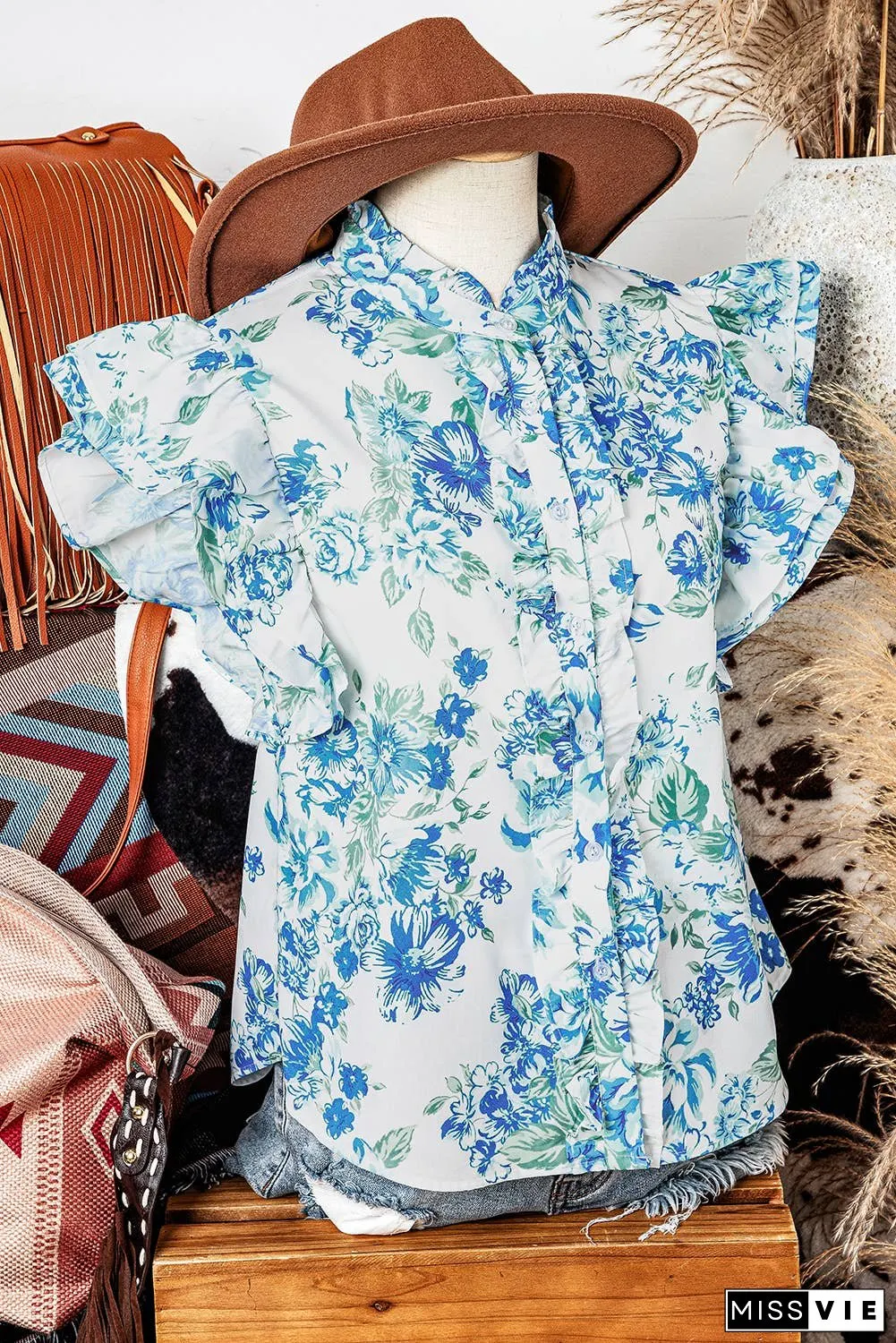 Fashion-W Floral Print Ruffle Sleeve Frilly Button Up Shirt