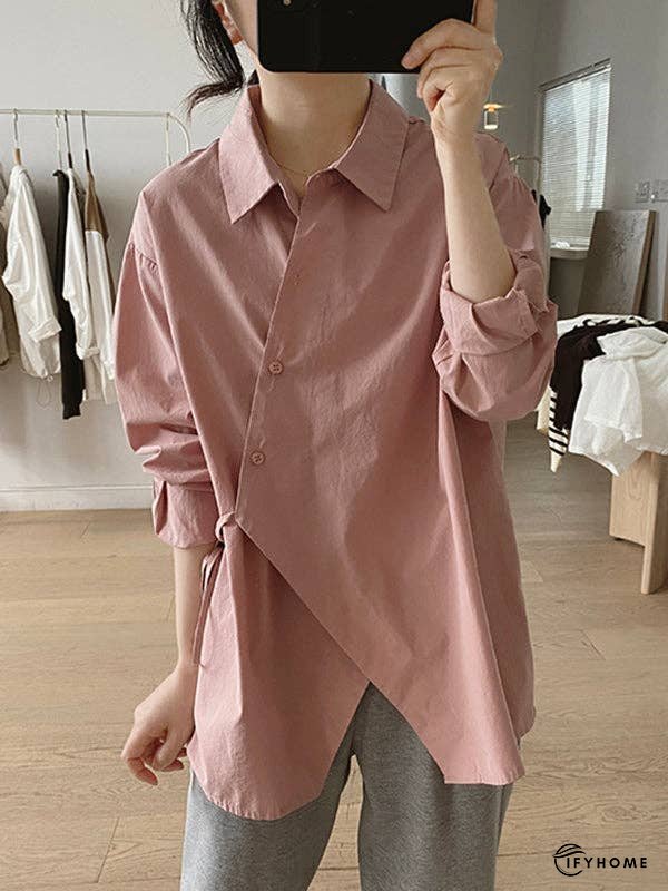 Loose Long Sleeves Frenum Solid Color Lapel Blouses | IFYHOME
