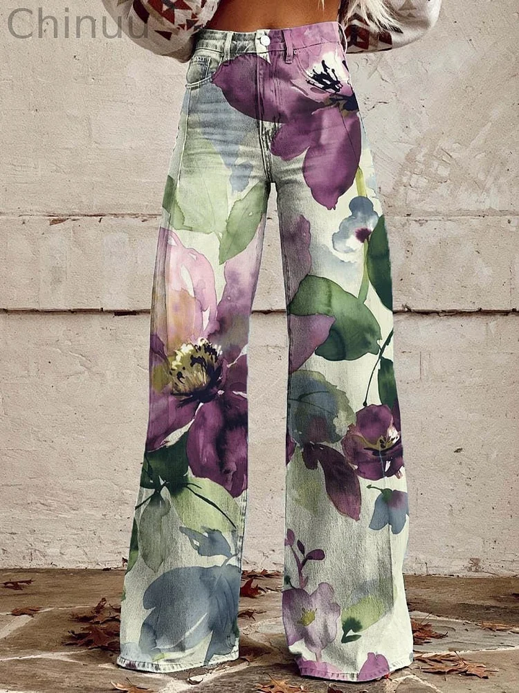 Women's Vintage Botanical Floral Wide Leg Pants