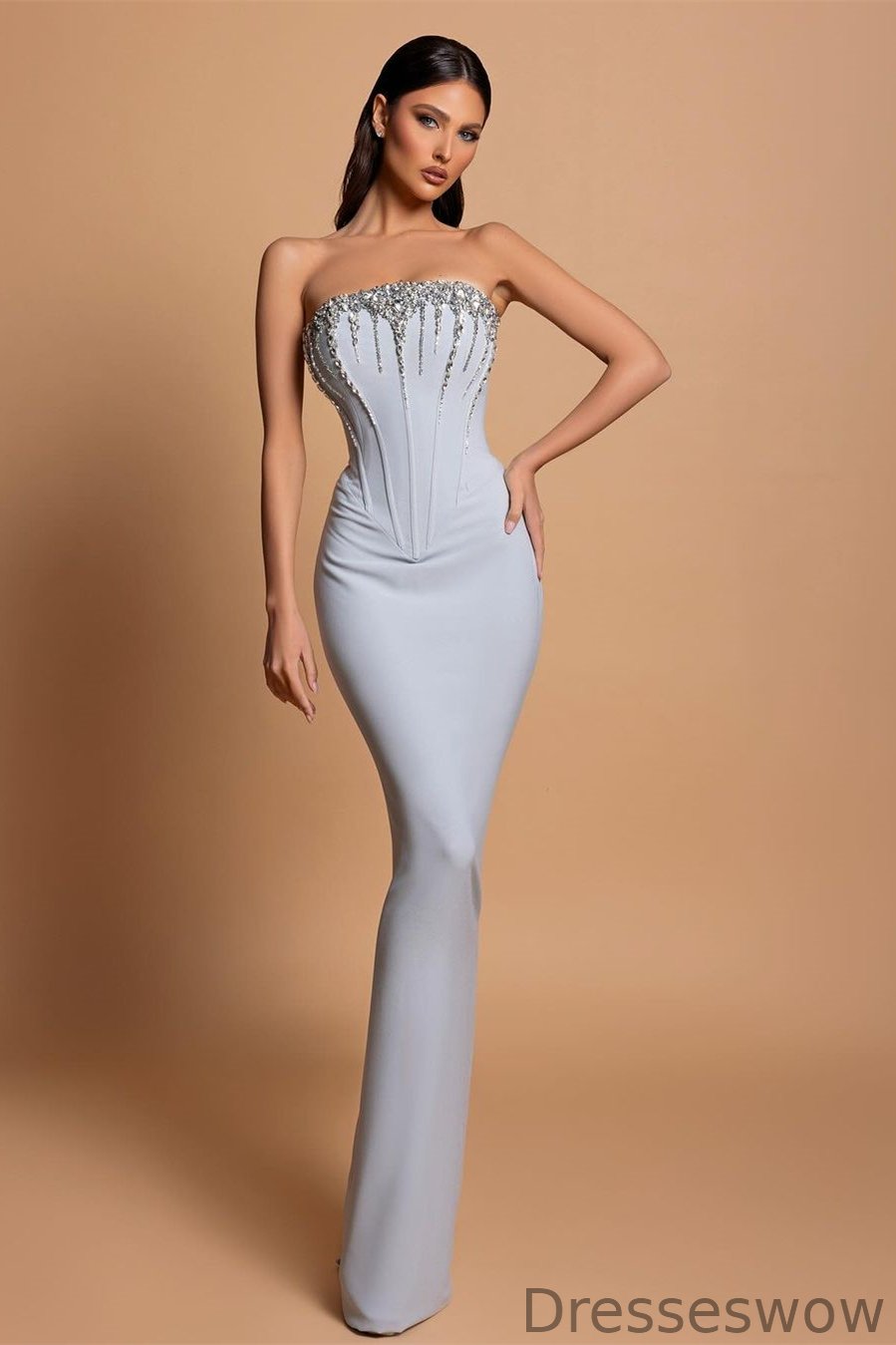 Dresseswow Silver Gray Strapless Sleeveless Mermaid Formal Dresses With Beadings