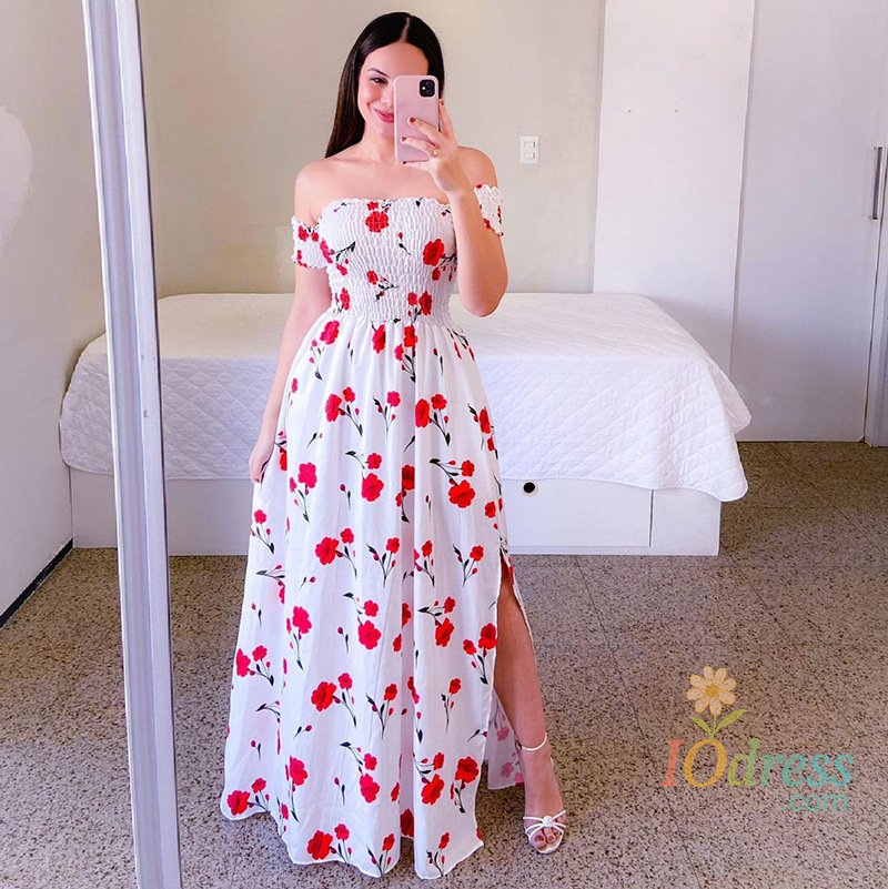 IO Dress Elegant Women's Off Shoulder Midi Dress 2024 Summer Fashion Dresses High Waist Flower Print Short Sleeve Vestidos Robe Clothing