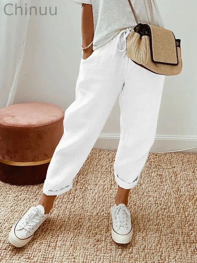 Solid Color Insert Pocket Drawstring Casual Pants