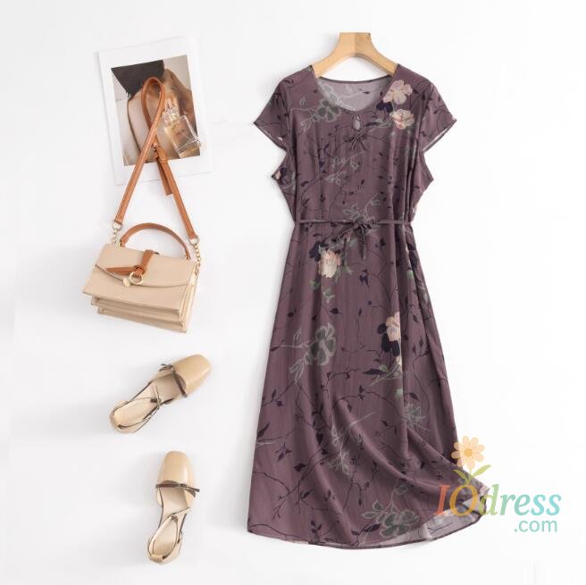 IO Dress Benefits! Crepe de chine mulberry silk dress floral straight mid-length dress for women summer