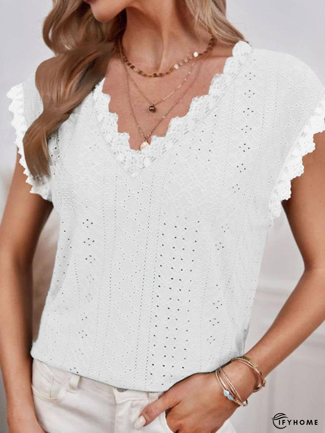 V-Neck Eyelet Short Sleeve Top | IFYHOME