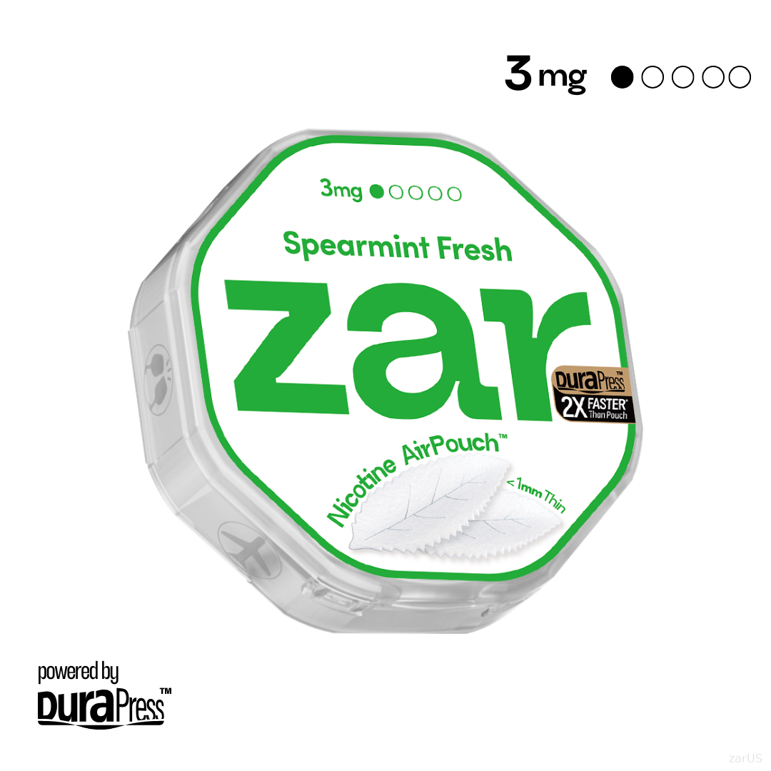 US Purchase zar Oral Nicotine AirPouch Spearmint Fresh Flavor Mint Flavour 3mg nicotine levels 20 pcs per can Price USD 4.9 multi-buy up to 30% discount off no wired aftertastes zar pouches nicotine strip snus nicotine pouch dosh pouch 