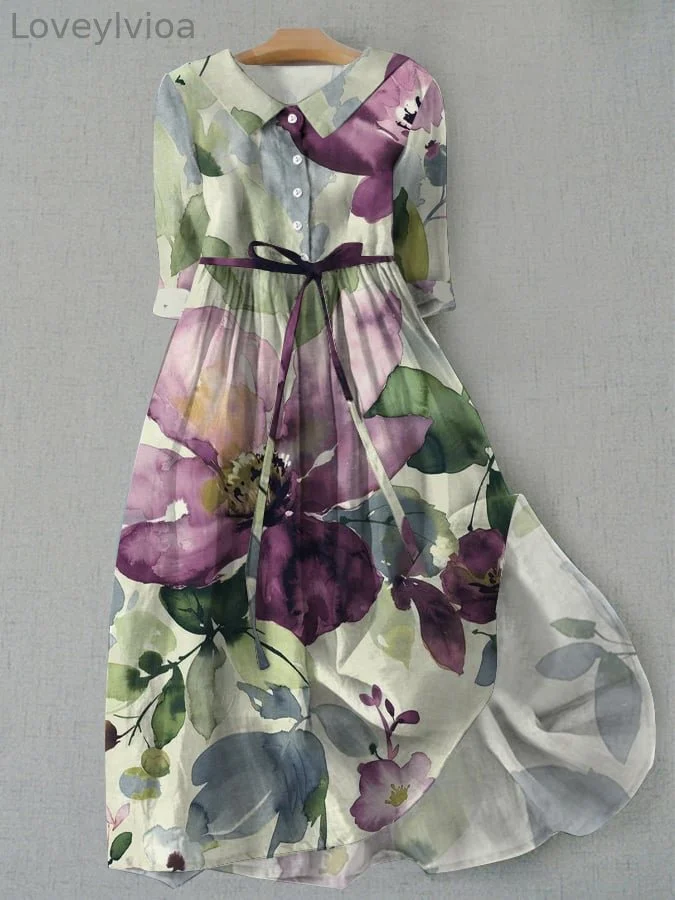 Women's Vintage Botanical Floral Design Lace Up Pocket Dress