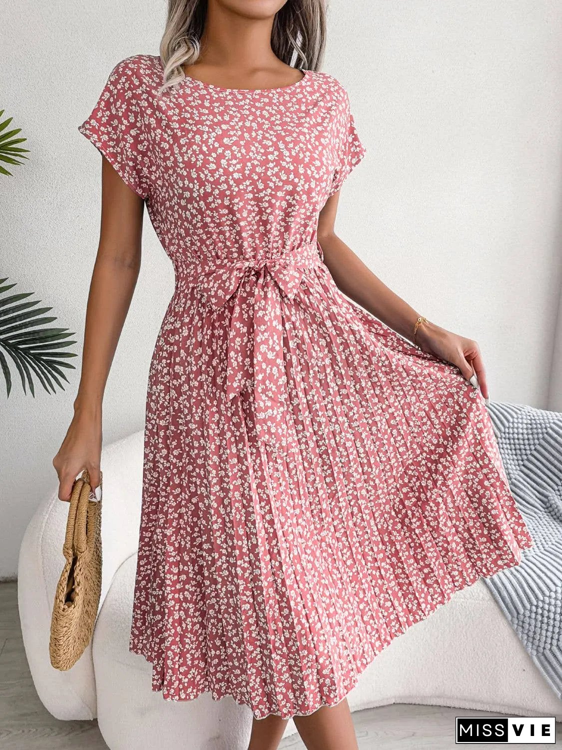 Ditsy Floral Pleated Belted Dress