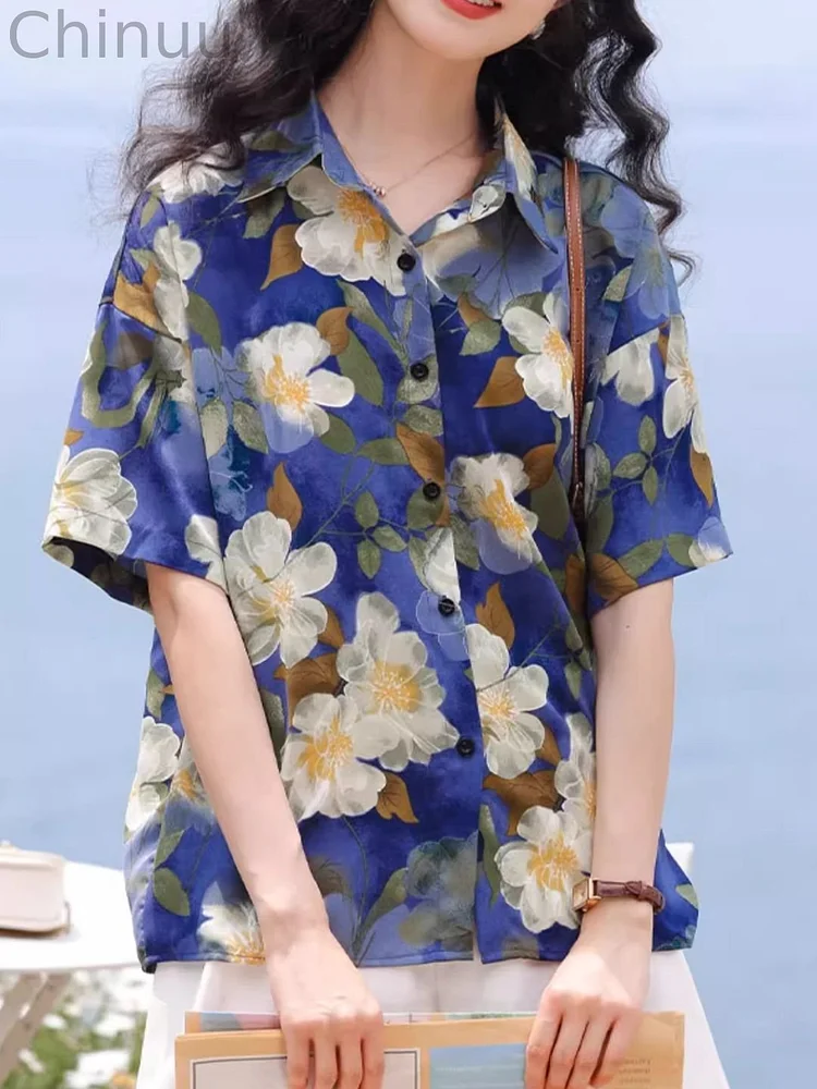 Printed Loose-fitting Short-sleeved Shirt - Blue