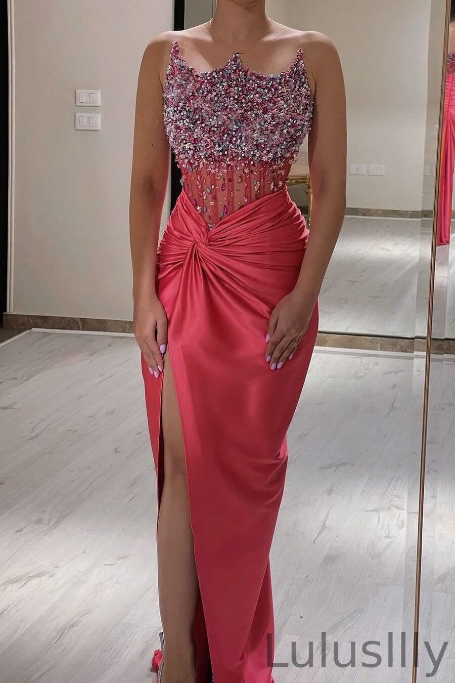 Classic Watermelon Sweetheart Sleeveless Mermaid Evening Gowns With Split Beadings Crystals - lulusllly