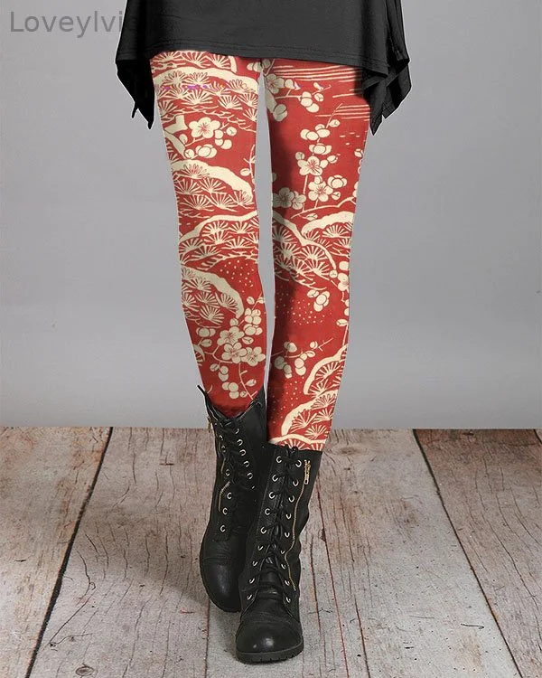Japanese Classic Plum Blossom Print Casual Leggings