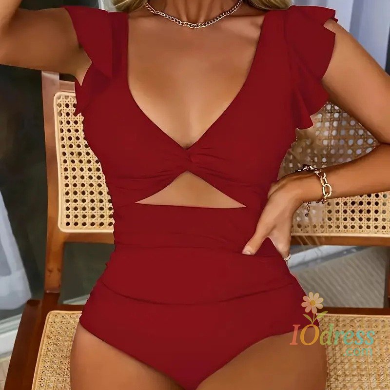IO Dress 2025 New  Mesh One Piece Swimsuit, V Neck Solid Color Backless Tummy Control High Cut Bathing Suit, Women's Bikini Swimwear