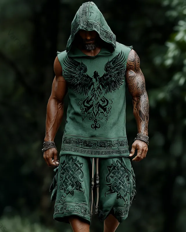 Men's Viking-Style Fashion Contrast-Color Embroidered Hooded Sleeveless Top & Shorts Two-Piece Set 2733