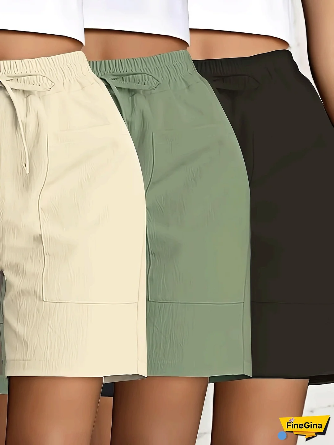 3pcs Women's Solid Color Elastic Waist Shorts - Casual Sporty Five-Pocket Shorts In Beige, Olive Green, And Black, Summer Essentials, Casual Wear|Casual Style|Functional Pockets