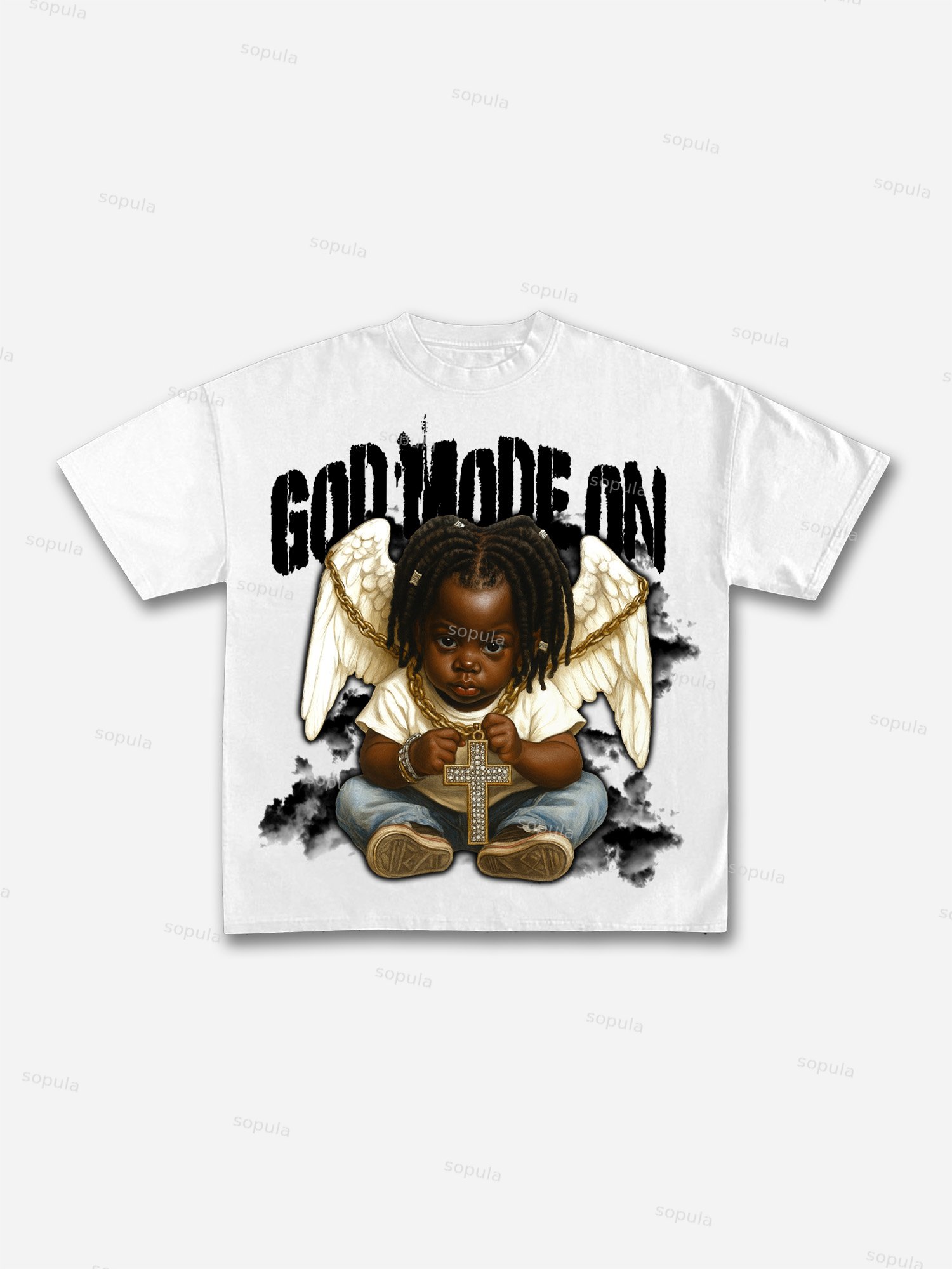 Black Kid Angel God Mode Is On Vintage Graphic Cotton T-shirt