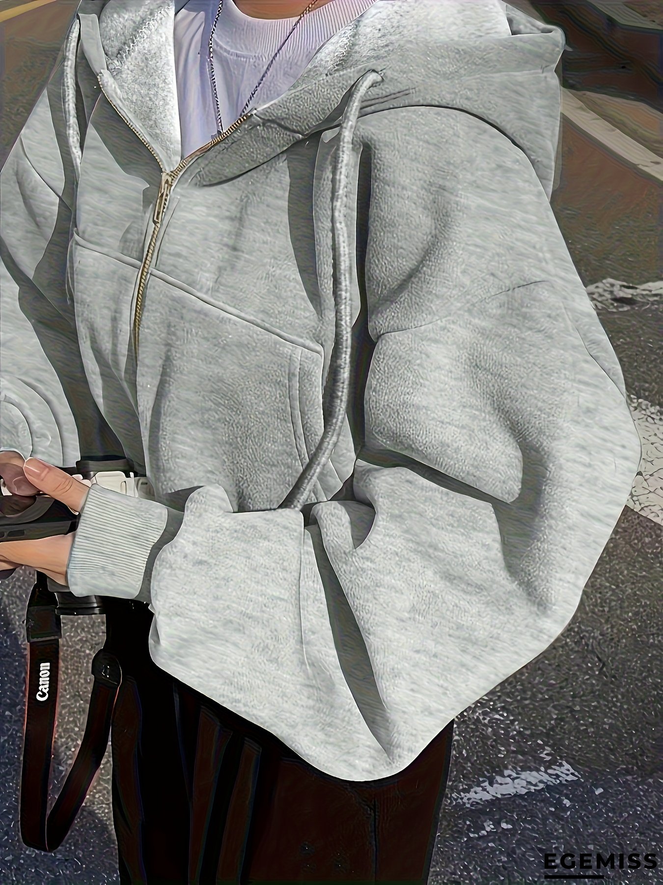 [Zip-Up Hoodie] Women's Zip-Up Hoodie | Loose Fit Long Sleeve Pullover with Front Zipper, Side Pockets - Light Grey/Neutral, Everyday & Formal Outfits - Machine Washable Casual Outerwear, Attire, Durable Construction | EGEMISS