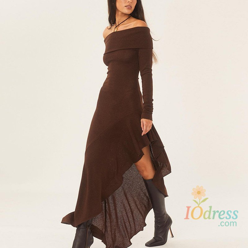 IO Dress 2025 Women's Elegant One-piece Collar Off Shoulder Long Sleeved Dress with Irregular Ruffled Edges and Tight Fitting Long Skirt