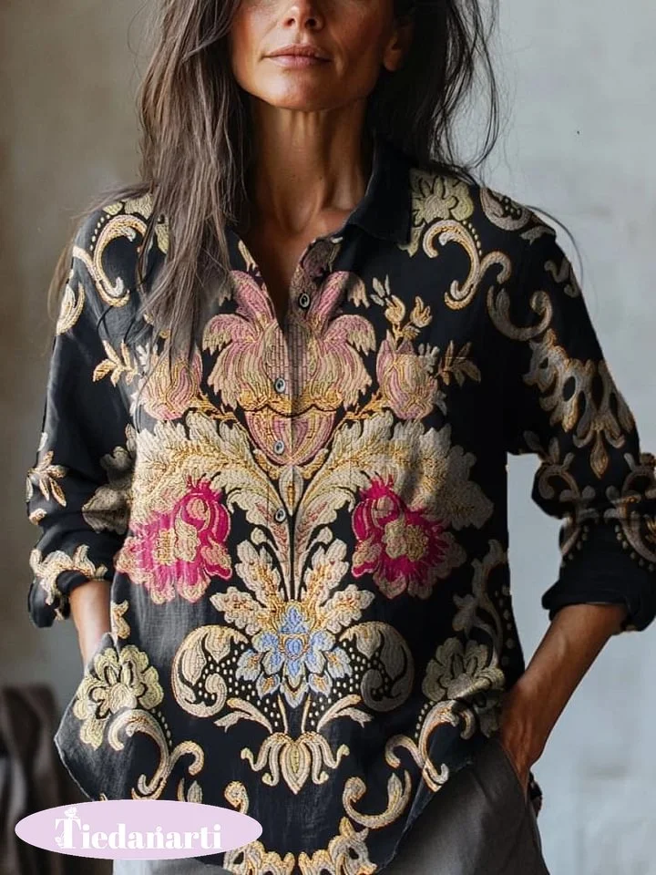 Women's Vintage Lovely Floral Art Print Casual Cotton And Linen Shirt