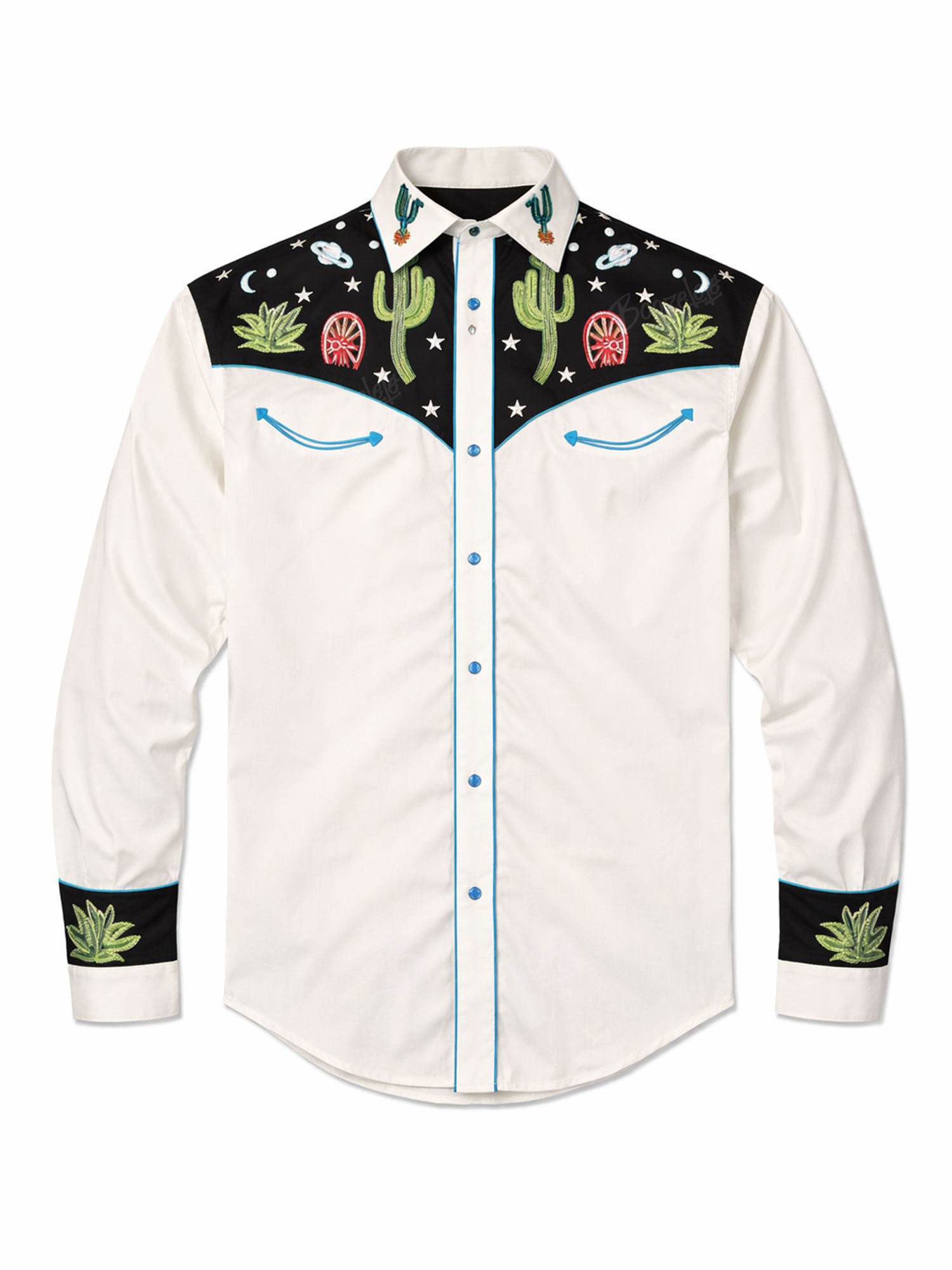 Men's Vintage Western White Cactus & Celestial Long Sleeve Shirt Color Block Cowboy Pearl Snap Shirt- 100% Cotton Shirt