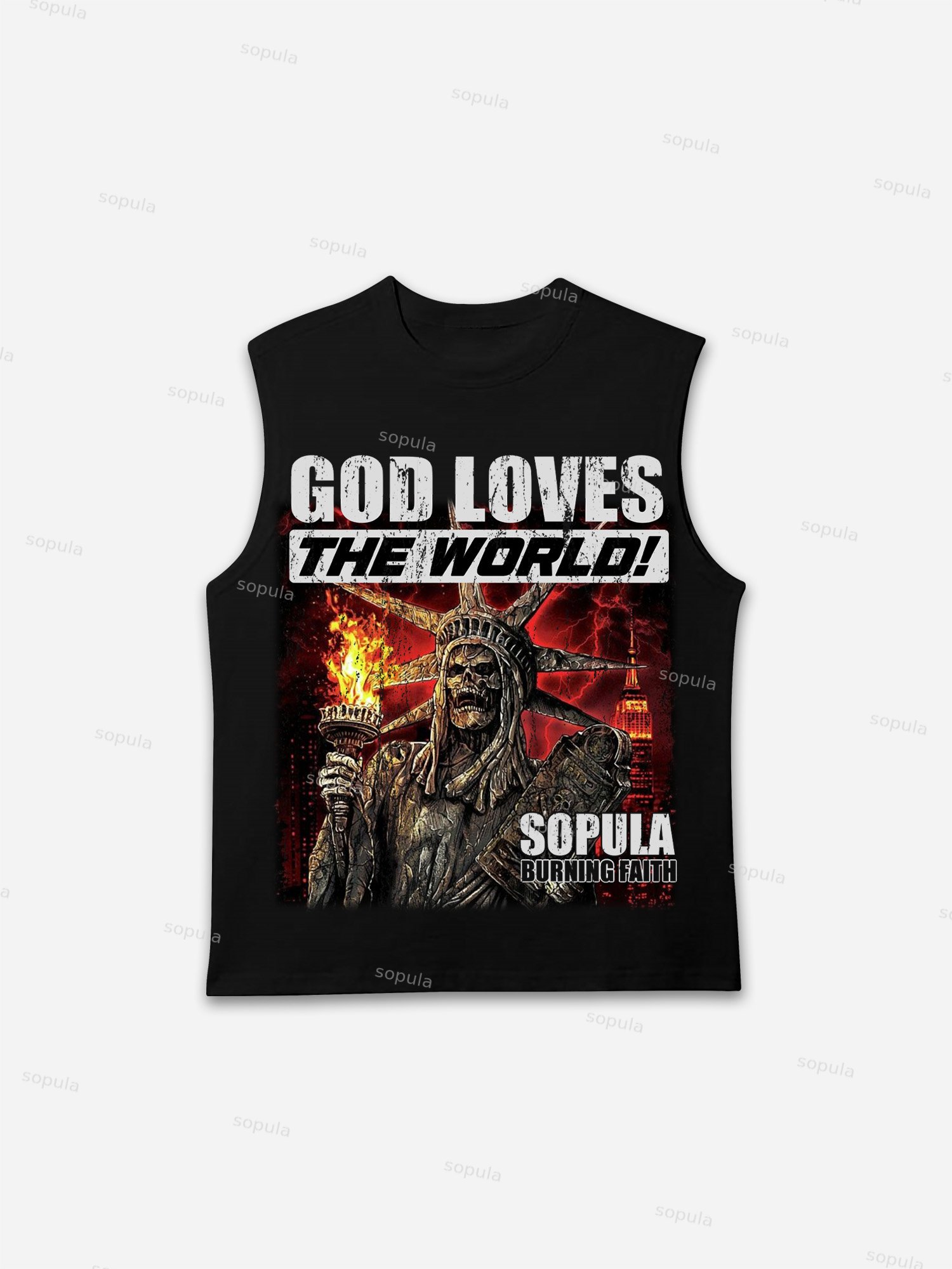 God Loves The World Burning Skull Statue Of Liberty Vintage Graphic Tank Top