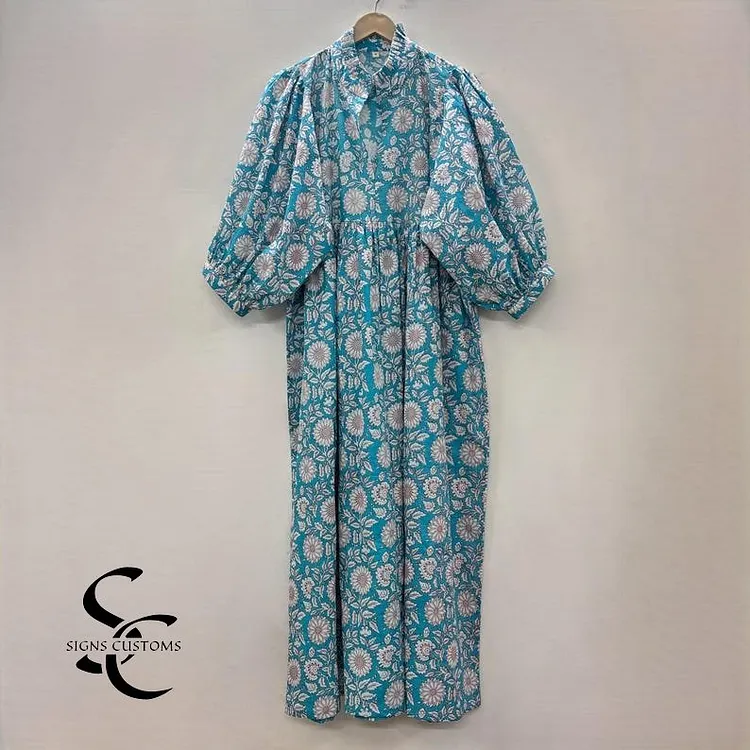 Blue Floral Printed Maxi Dress &ndash; V-Neckline Women&rsquo;s Dress with 3/4 Sleeve and Button Frill Detail