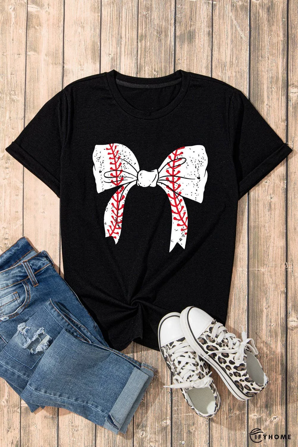 Black Baseball Bowknot Graphic Roll Up Sleeve Tee | IFYHOME