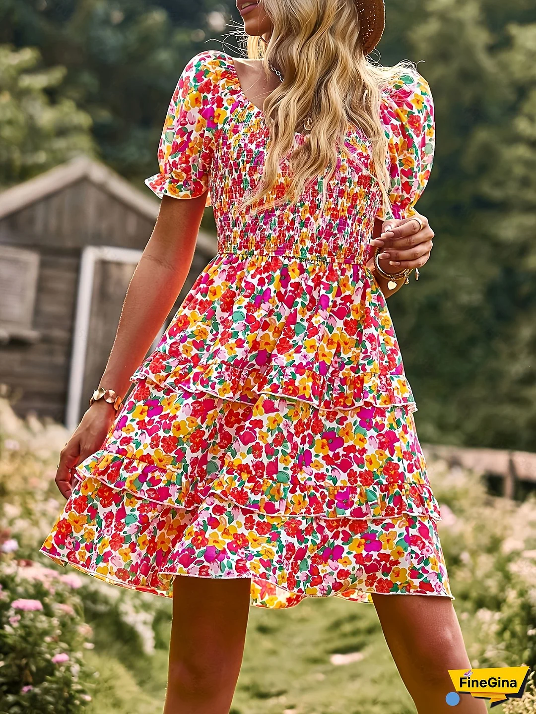 [Floral Mini Dress] Lightweight Women's Off-Shoulder Floral Print Mini Dress | Ruched Square Neck Short Sleeve A-Line Smock Top & Flared Skirt, Machine Washable Beach Dress For Spring Summer Fall Casual Outings