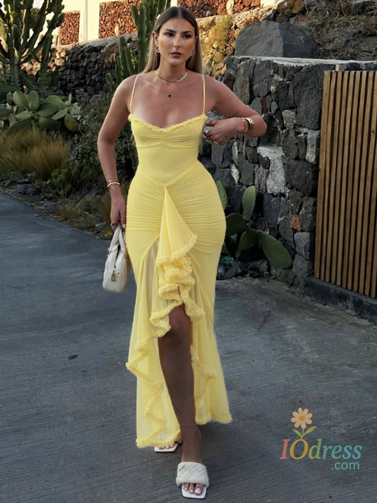 IO Dress Weird Puss Ruffles Bandage Dress Women Sexy Backless Sleeveless Tassel Lace-Neck See Through Slits Hem Prom Party Long Bodycon