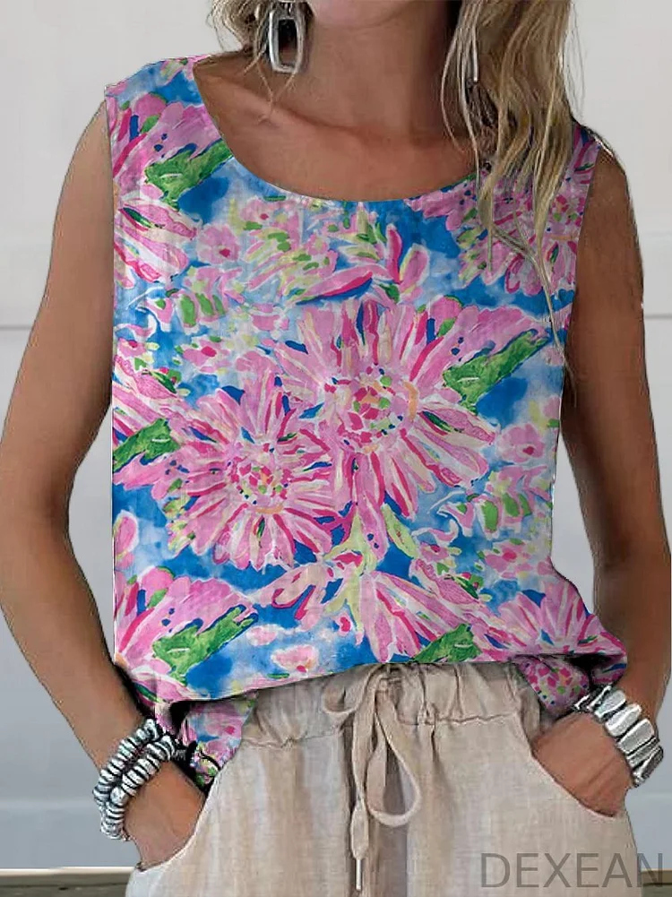 Women's Showy Multicolor Floral Print Casual Cotton And Linen Tank Top