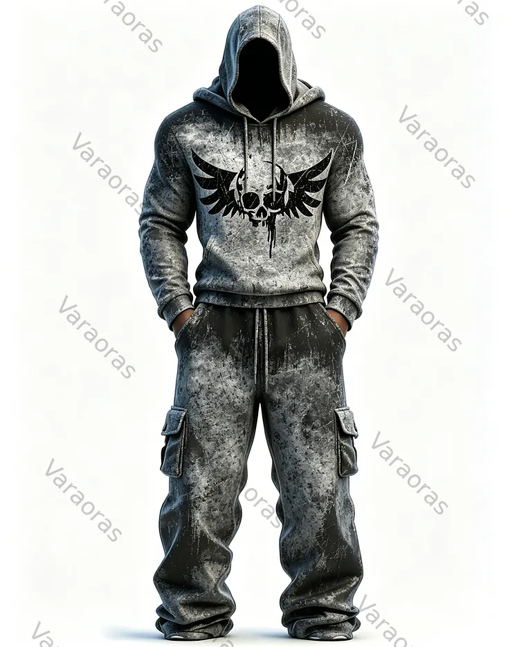 Men's Fashion Gradient Skull Embroidered Hoodie & Pants Two-Piece Set 1008