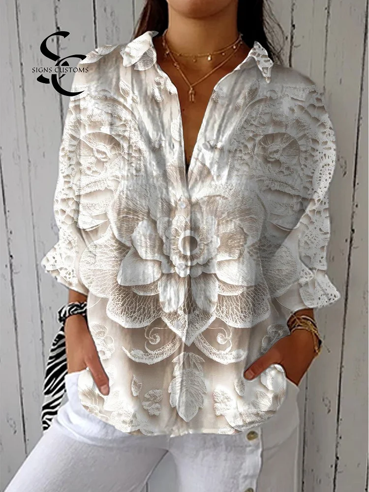 Women's Retro Pattern Art Print Casual Linen V-neck Shirt