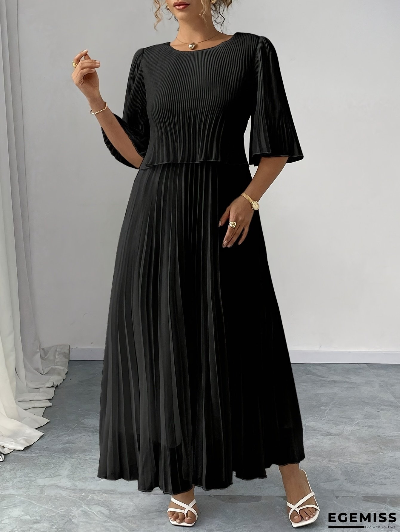 Plus Size, Plus Size Women's Lightweight Ribbed Maxi Dress With Puff Sleeves & Ruffled Hem - Loose Fit Round Neck Casual Vacation Dress For Spring Summer Fall, Solid White | EGEMISS