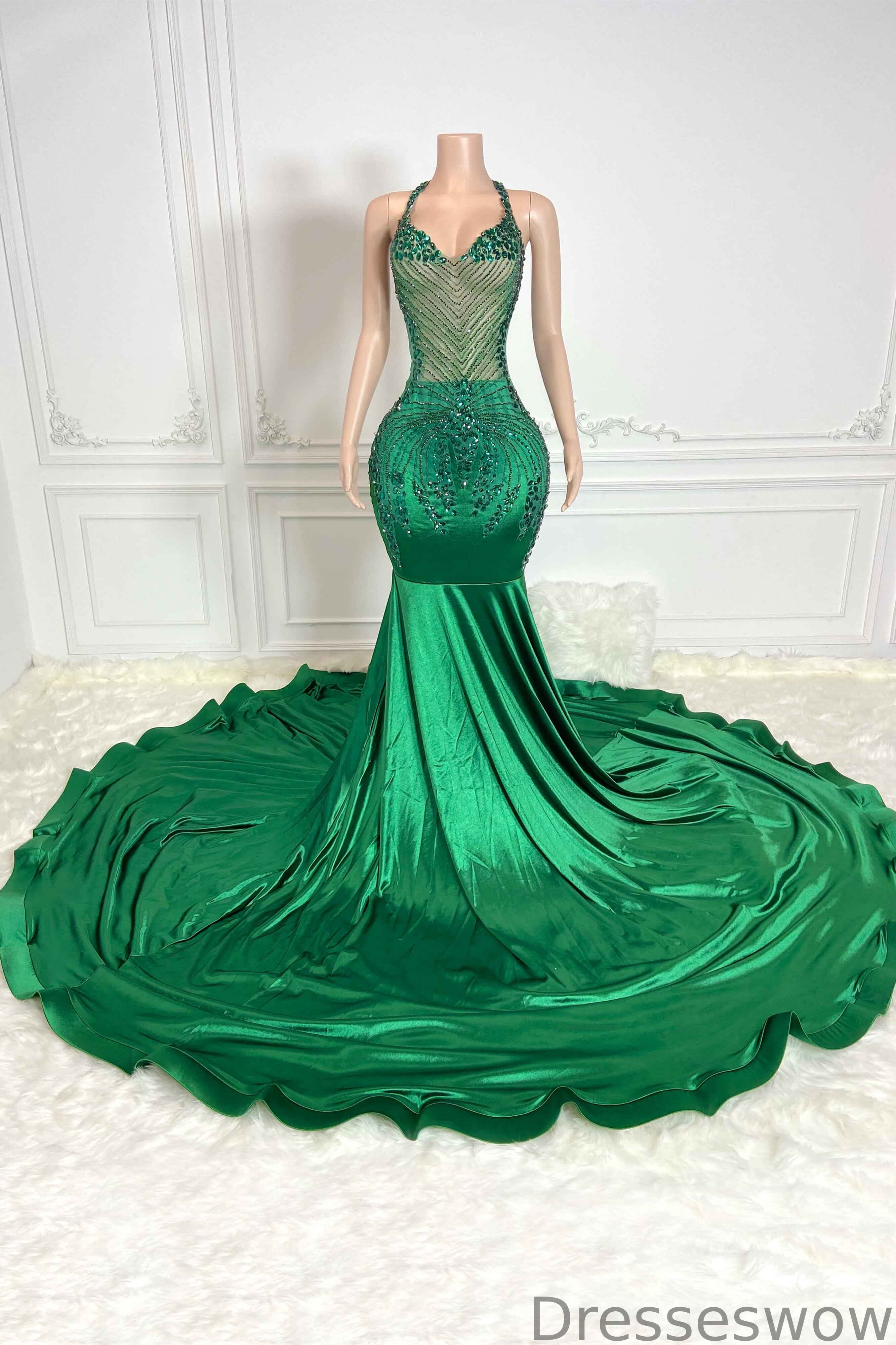 Dresseswow Emerald Green Halter Sleeveless Mermaid Formal Dresses With Beadings Crystals