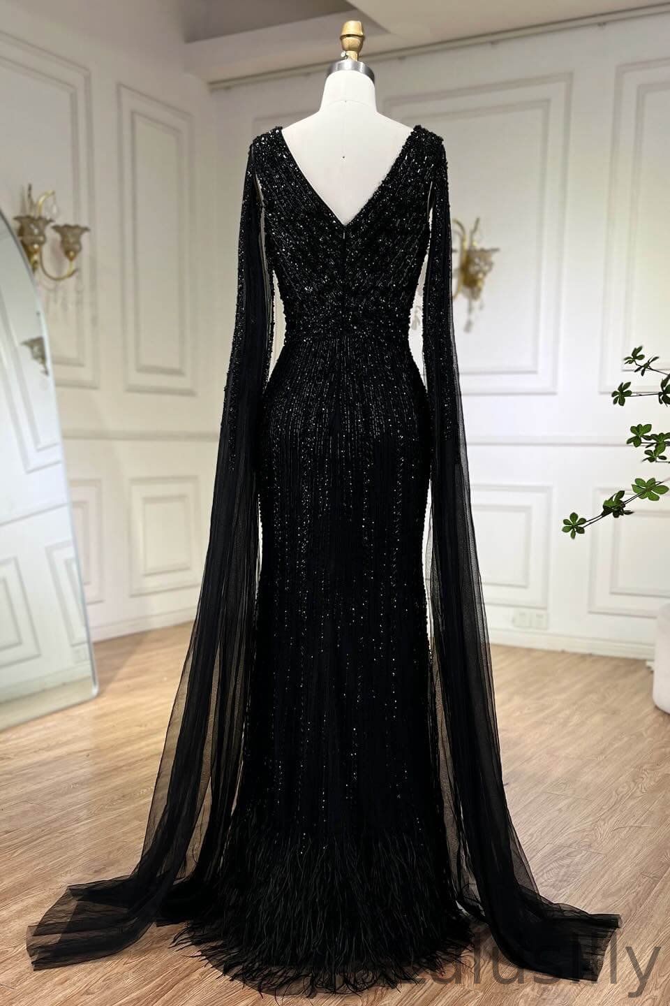 Classic V-Neck Ruffle Sleeves Mermaid Evening Gown With Sequins Beadings Online - lulusllly